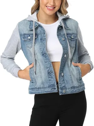 MISS MOLY Women's Hooded Jean Jacket Drawstring Layered Washed Long Sleeve Sweatshirt Hoodie Denim Jacket w 2 Pockets