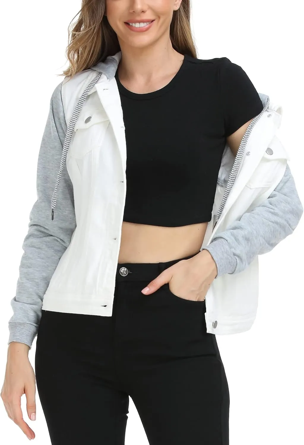 MISS MOLY Women's Hooded Jean Jacket Drawstring Layered Washed Long Sleeve Sweatshirt Hoodie Denim Jacket w 2 Pockets