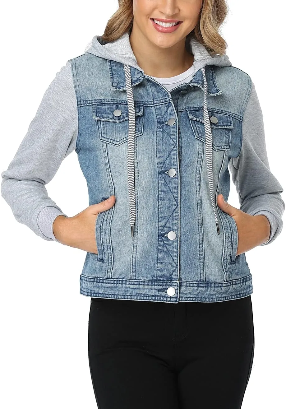 MISS MOLY Women's Hooded Jean Jacket Drawstring Layered Washed Long Sleeve Sweatshirt Hoodie Denim Jacket w 2 Pockets