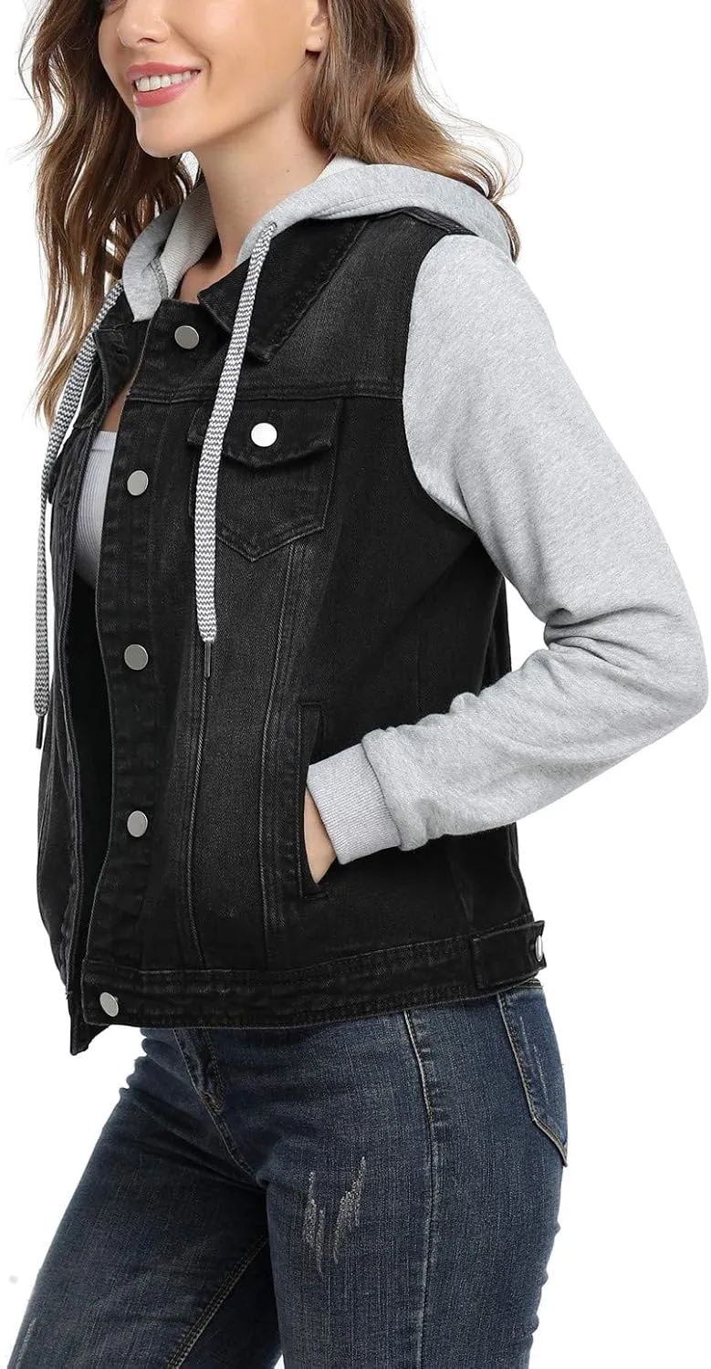 MISS MOLY Women's Hooded Jean Jacket Drawstring Layered Washed Long Sleeve Sweatshirt Hoodie Denim Jacket w 2 Pockets