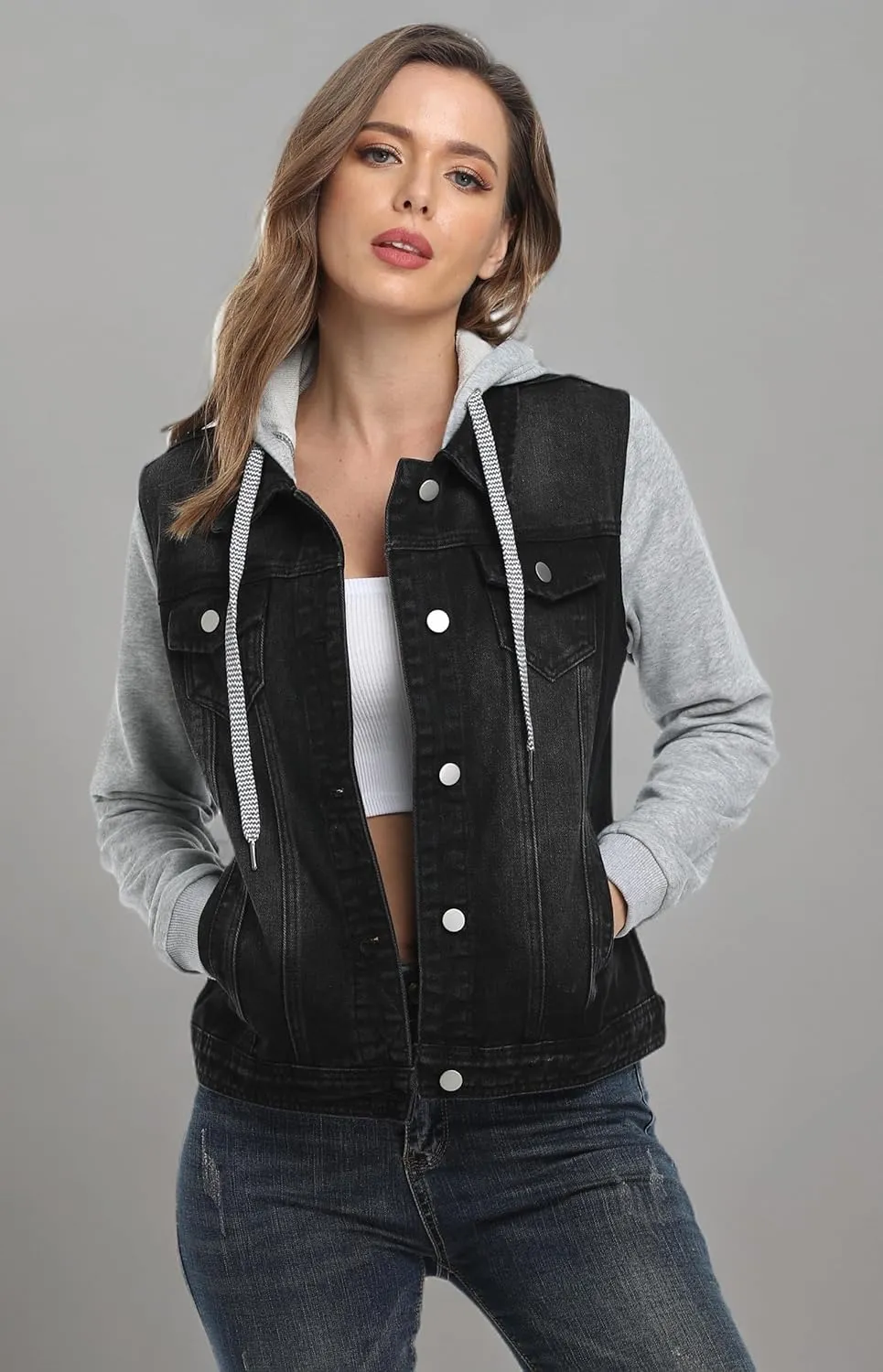 MISS MOLY Women's Hooded Jean Jacket Drawstring Layered Washed Long Sleeve Sweatshirt Hoodie Denim Jacket w 2 Pockets