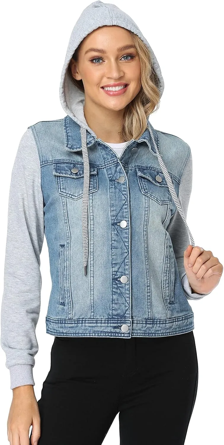 MISS MOLY Women's Hooded Jean Jacket Drawstring Layered Washed Long Sleeve Sweatshirt Hoodie Denim Jacket w 2 Pockets