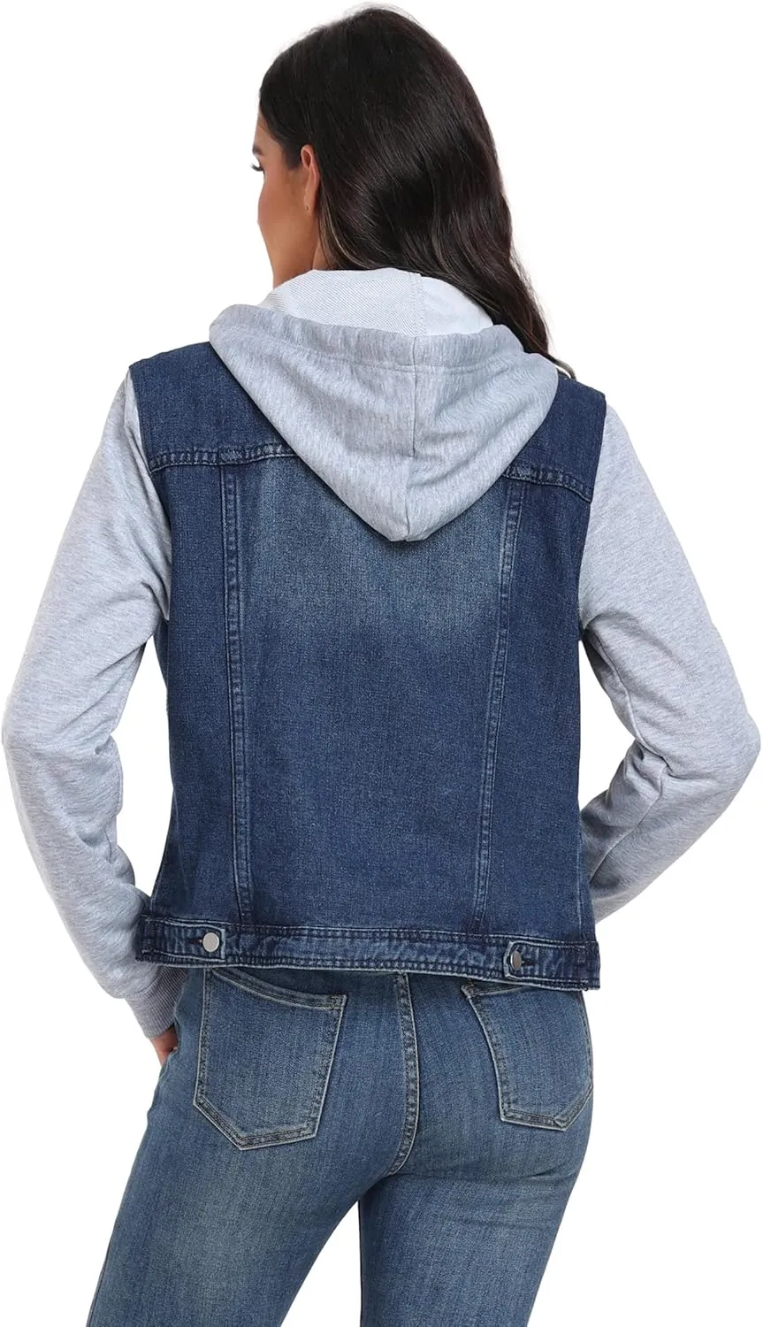 MISS MOLY Women's Hooded Jean Jacket Drawstring Layered Washed Long Sleeve Sweatshirt Hoodie Denim Jacket w 2 Pockets