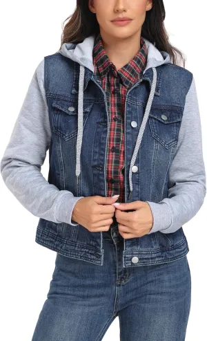 MISS MOLY Women's Hooded Jean Jacket Drawstring Layered Washed Long Sleeve Sweatshirt Hoodie Denim Jacket w 2 Pockets