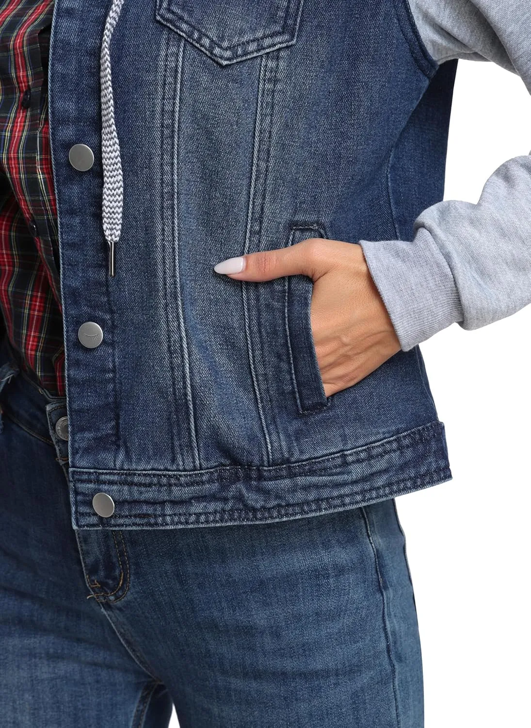 MISS MOLY Women's Hooded Jean Jacket Drawstring Layered Washed Long Sleeve Sweatshirt Hoodie Denim Jacket w 2 Pockets