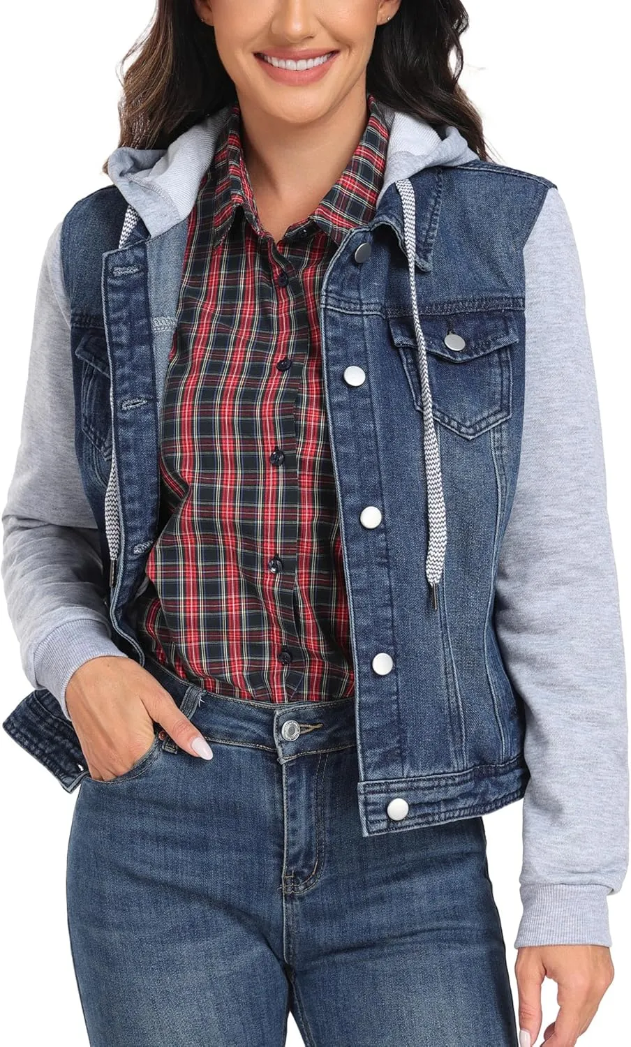 MISS MOLY Women's Hooded Jean Jacket Drawstring Layered Washed Long Sleeve Sweatshirt Hoodie Denim Jacket w 2 Pockets