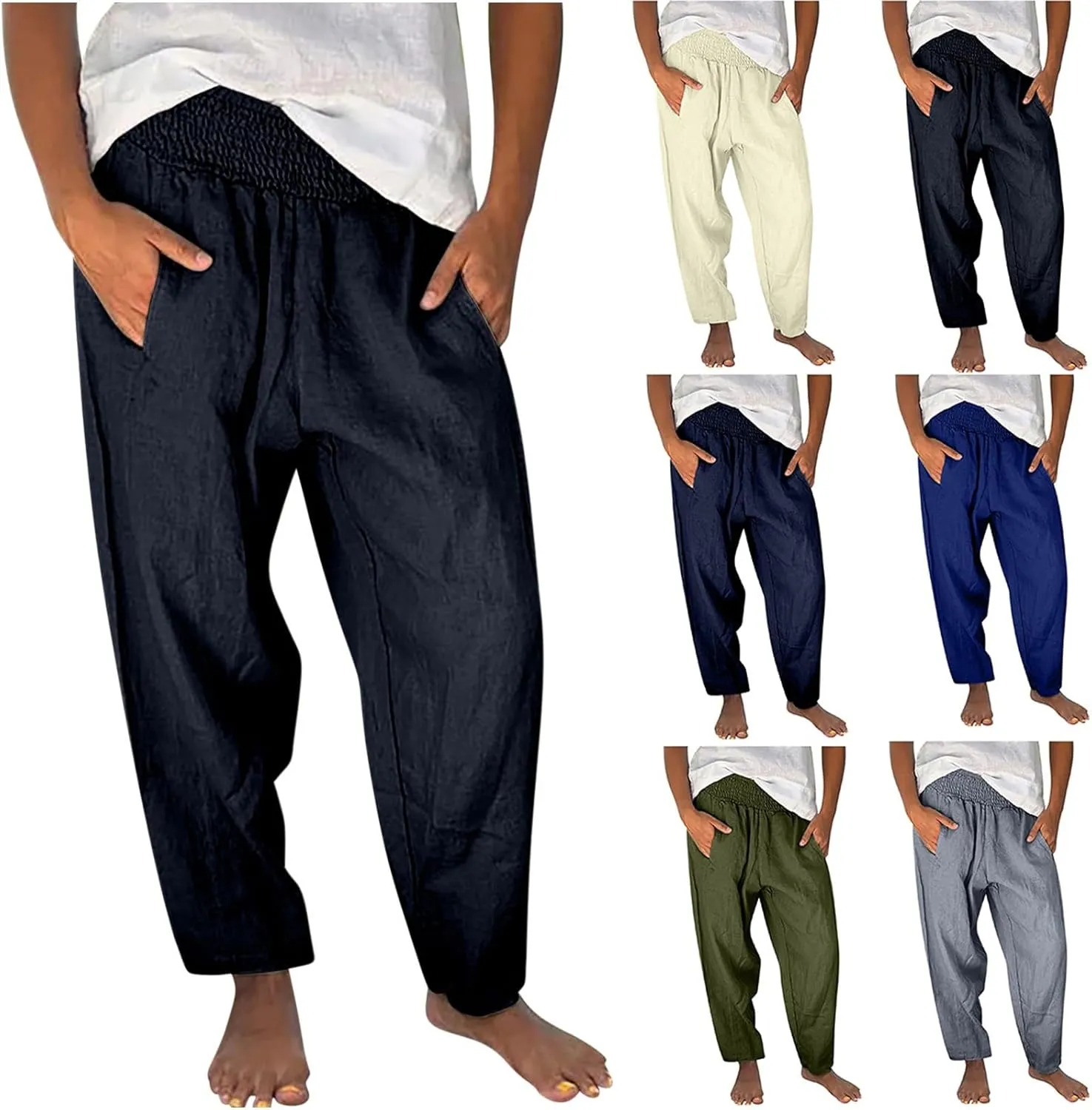 Miyaomn Casual Baggy Linen Pants for Women Smocked Elastic Waist Loose Palazzo Pants Summer Beach Lounge Trousers with Pocket