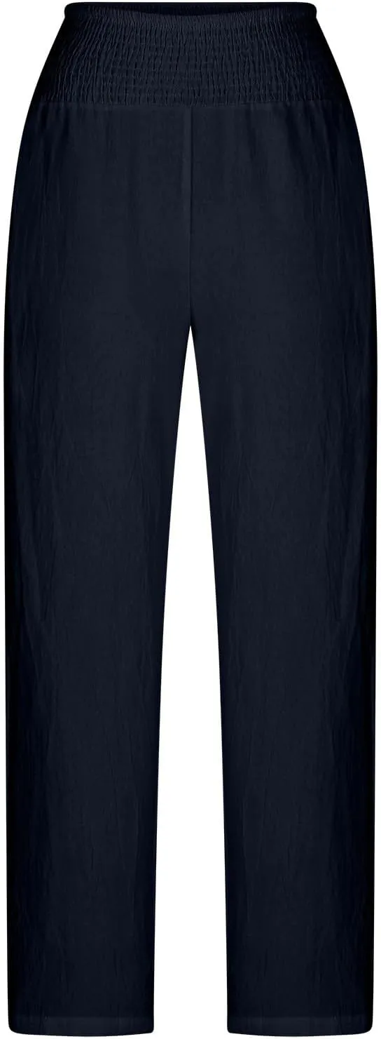 Miyaomn Casual Baggy Linen Pants for Women Smocked Elastic Waist Loose Palazzo Pants Summer Beach Lounge Trousers with Pocket