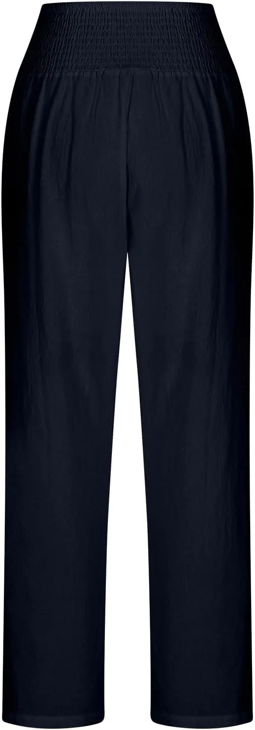 Miyaomn Casual Baggy Linen Pants for Women Smocked Elastic Waist Loose Palazzo Pants Summer Beach Lounge Trousers with Pocket