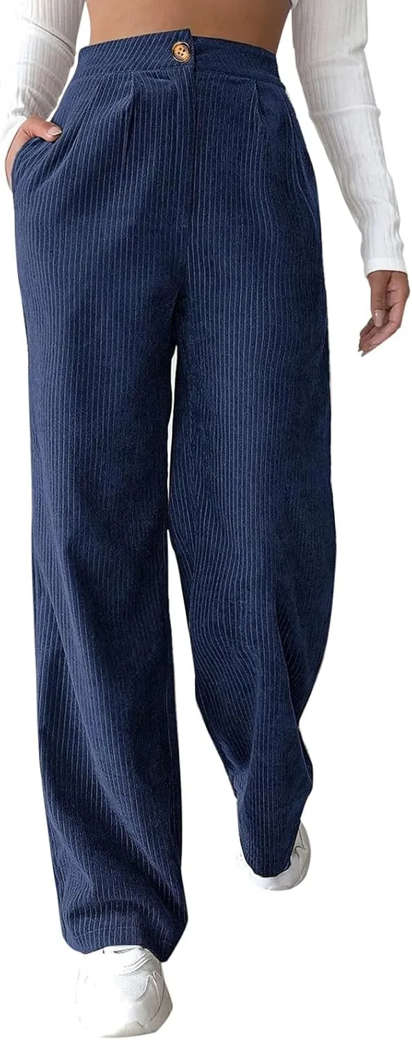 Miyaomn Women Trendy Fall Corduroy Pants Solid Color Loose High Waist Straight Wide Leg Trousers Casual Trousers with Pockets