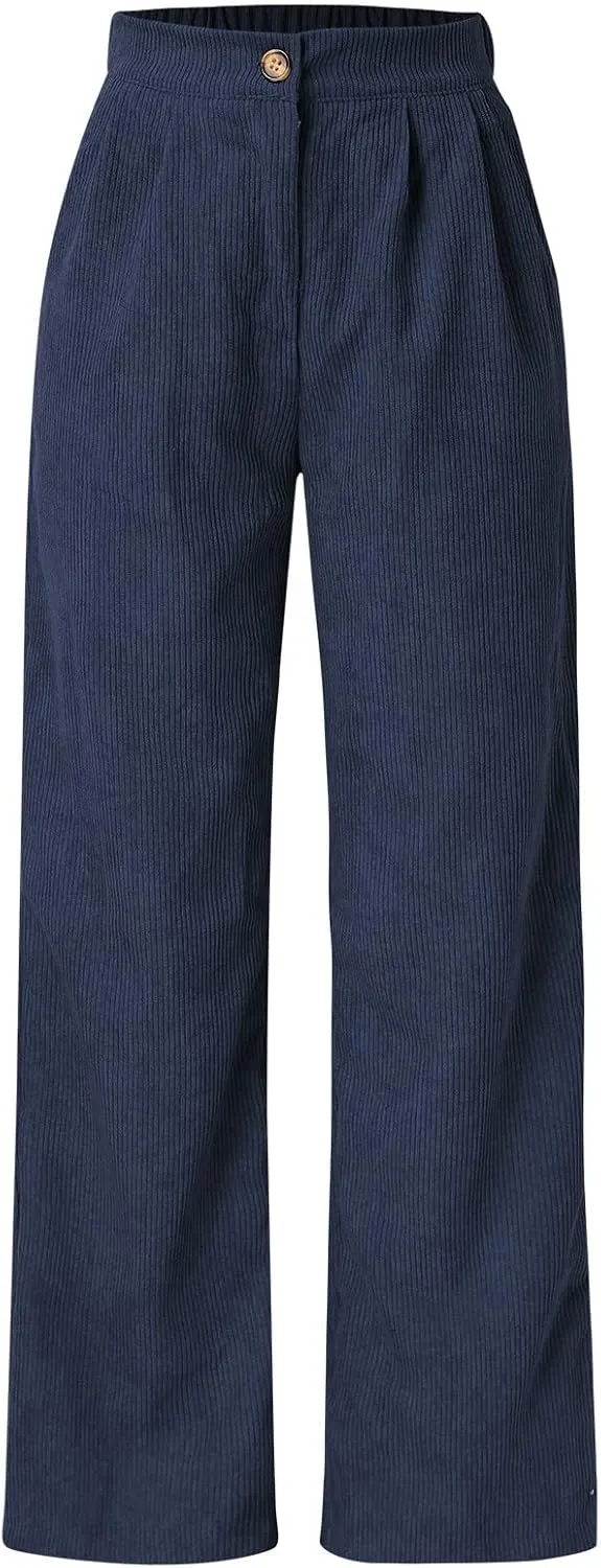 Miyaomn Women Trendy Fall Corduroy Pants Solid Color Loose High Waist Straight Wide Leg Trousers Casual Trousers with Pockets