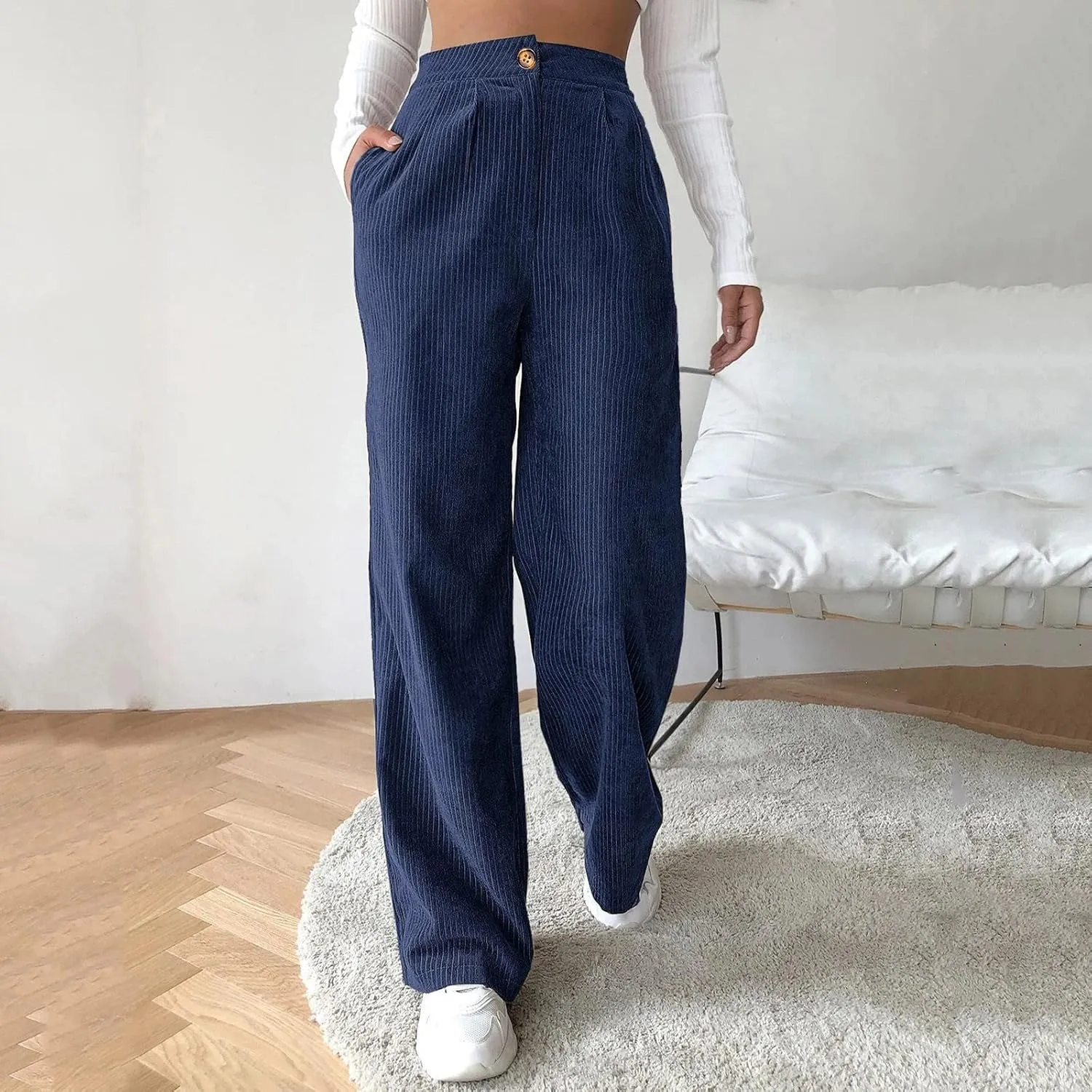 Miyaomn Women Trendy Fall Corduroy Pants Solid Color Loose High Waist Straight Wide Leg Trousers Casual Trousers with Pockets