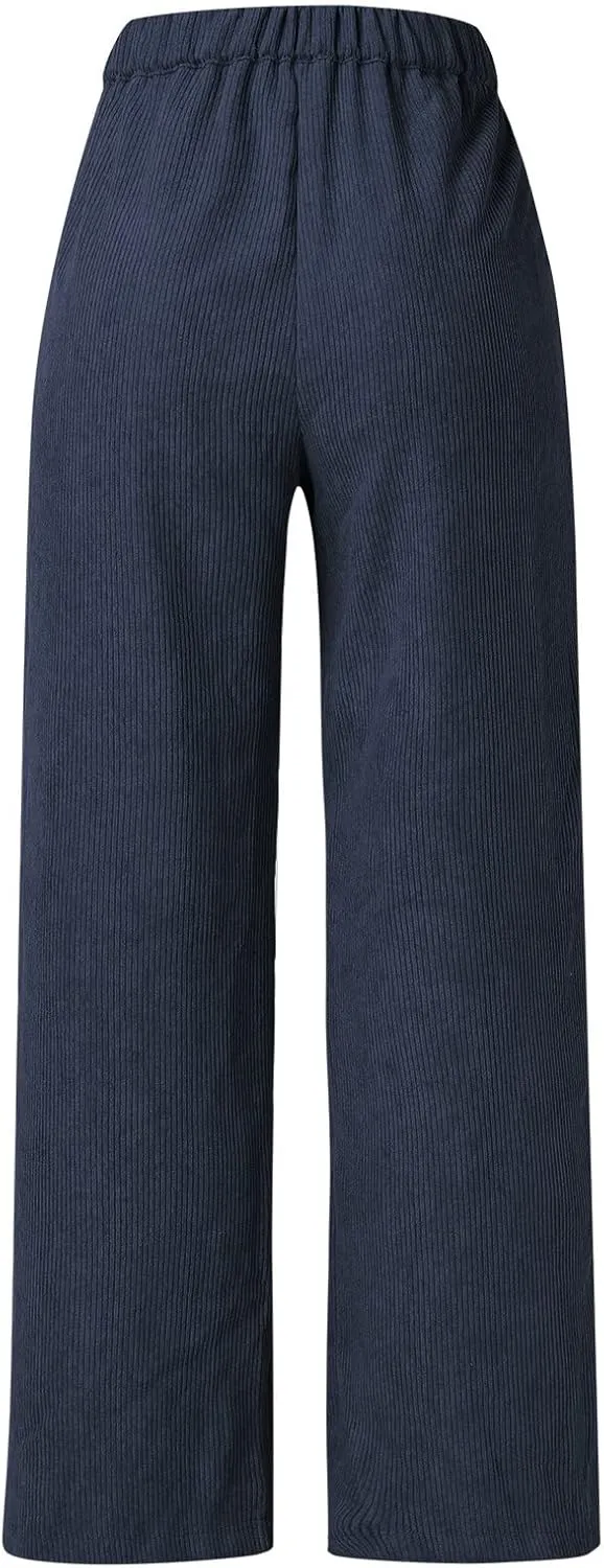 Miyaomn Women Trendy Fall Corduroy Pants Solid Color Loose High Waist Straight Wide Leg Trousers Casual Trousers with Pockets