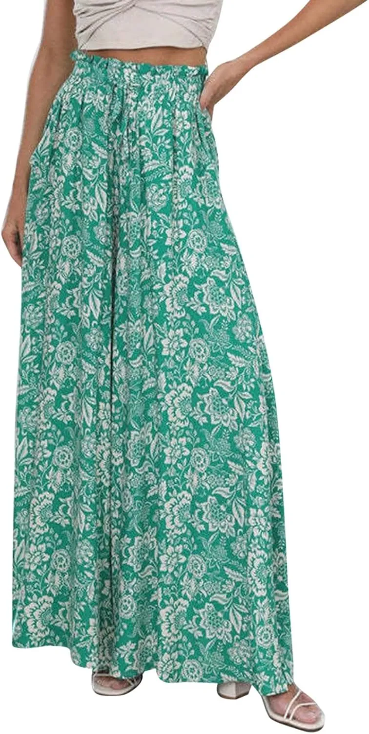 Miyaomn Womens Casual Elastic Waist Wide Leg Pants 2024 Summer Floral Solid Flowy Pockets Palazzo Pants Lounge Beach Trousers