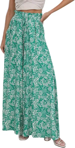 Miyaomn Womens Casual Elastic Waist Wide Leg Pants 2024 Summer Floral Solid Flowy Pockets Palazzo Pants Lounge Beach Trousers