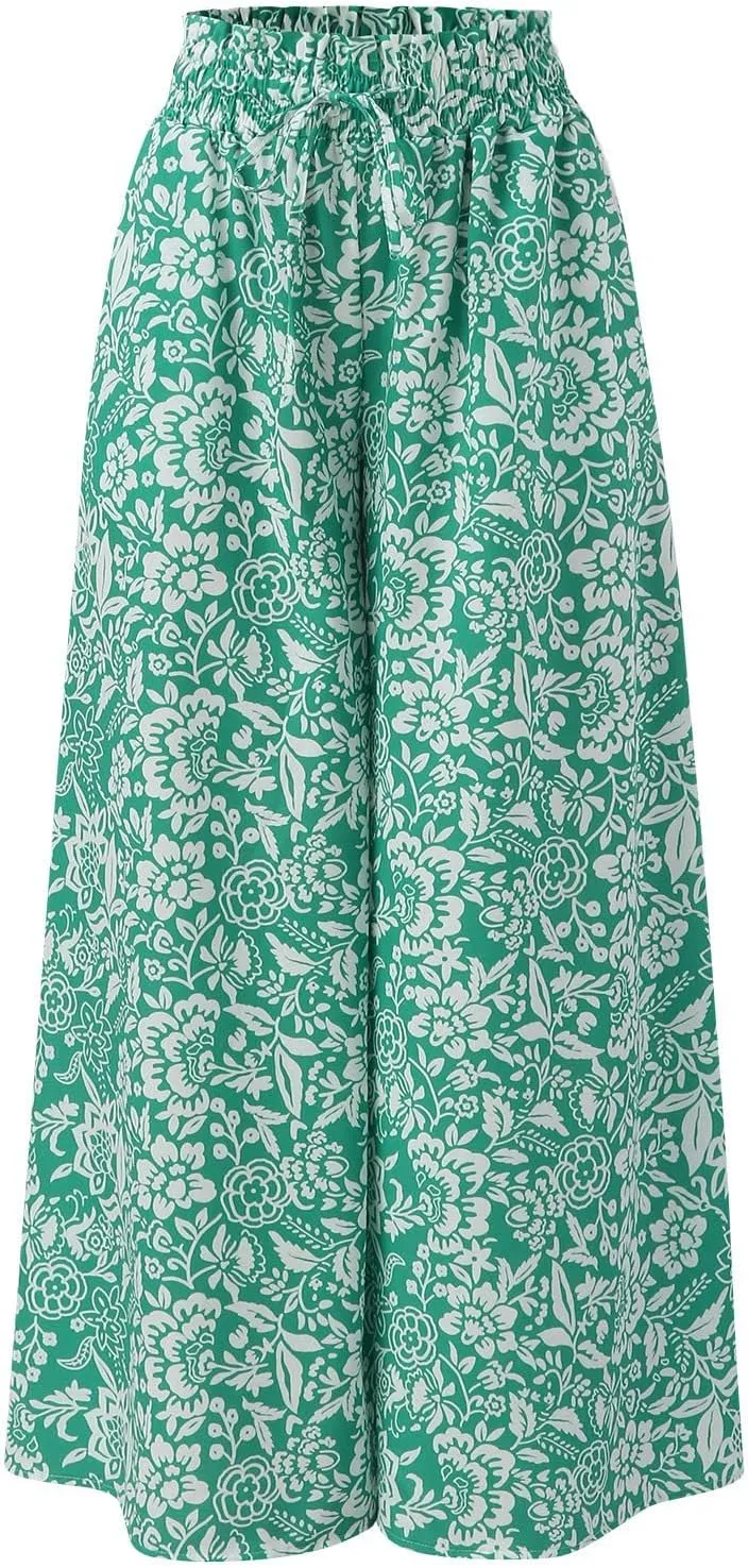 Miyaomn Womens Casual Elastic Waist Wide Leg Pants 2024 Summer Floral Solid Flowy Pockets Palazzo Pants Lounge Beach Trousers