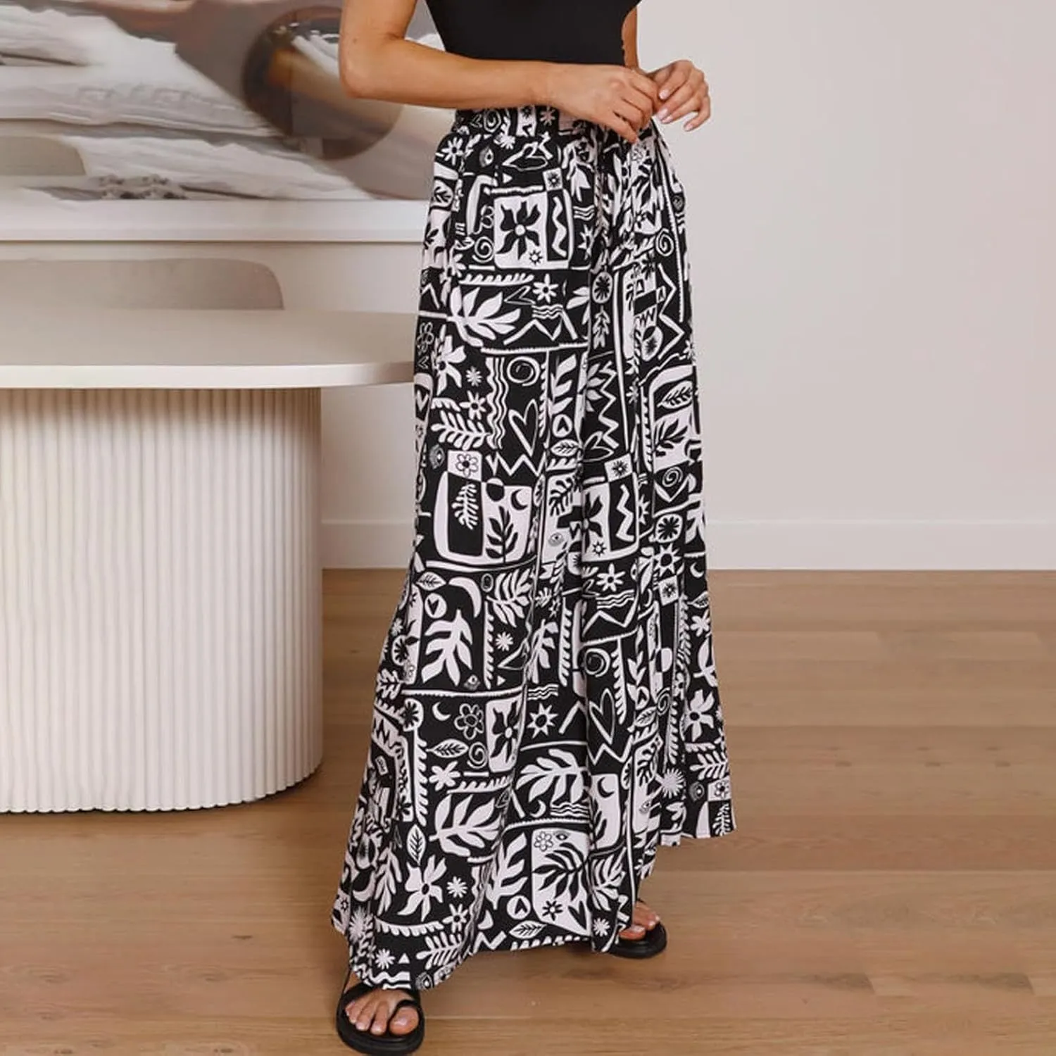 Miyaomn Womens Casual Elastic Waist Wide Leg Pants 2024 Summer Floral Solid Flowy Pockets Palazzo Pants Lounge Beach Trousers