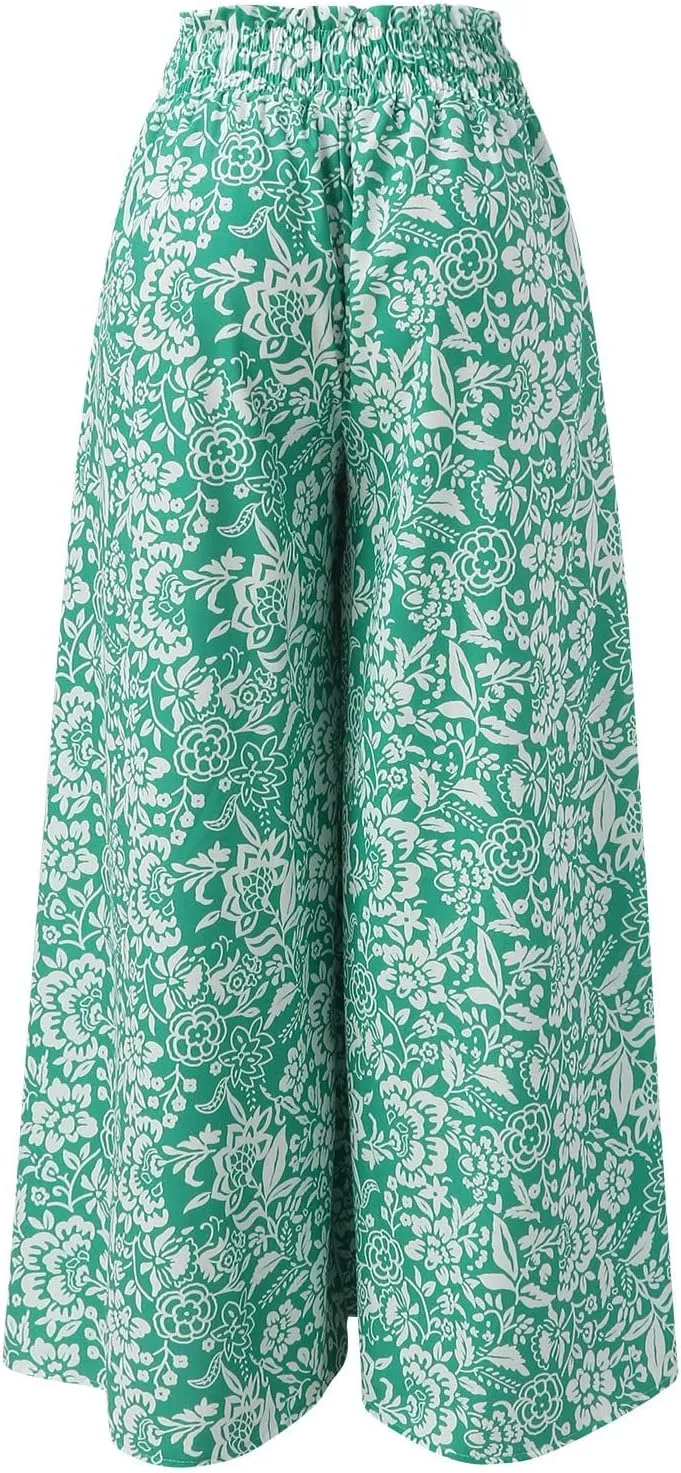 Miyaomn Womens Casual Elastic Waist Wide Leg Pants 2024 Summer Floral Solid Flowy Pockets Palazzo Pants Lounge Beach Trousers