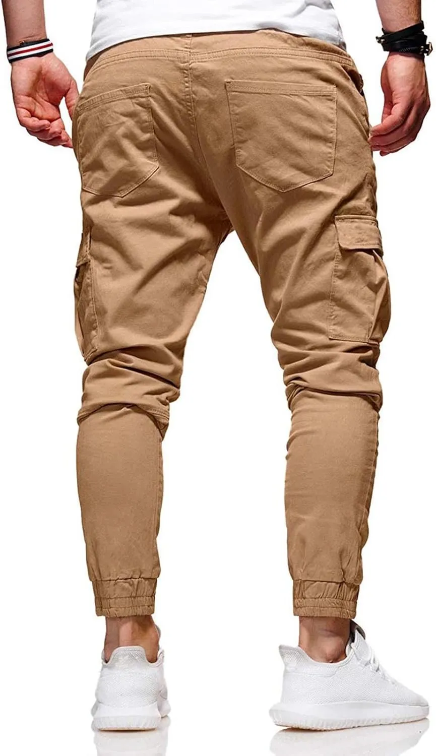 Mmoneyake Mens Cargo Pants Workout Athletic Hiking Sweatpants Drawstring Joggers Pants Slim Fit Chino Pants Training Trousers