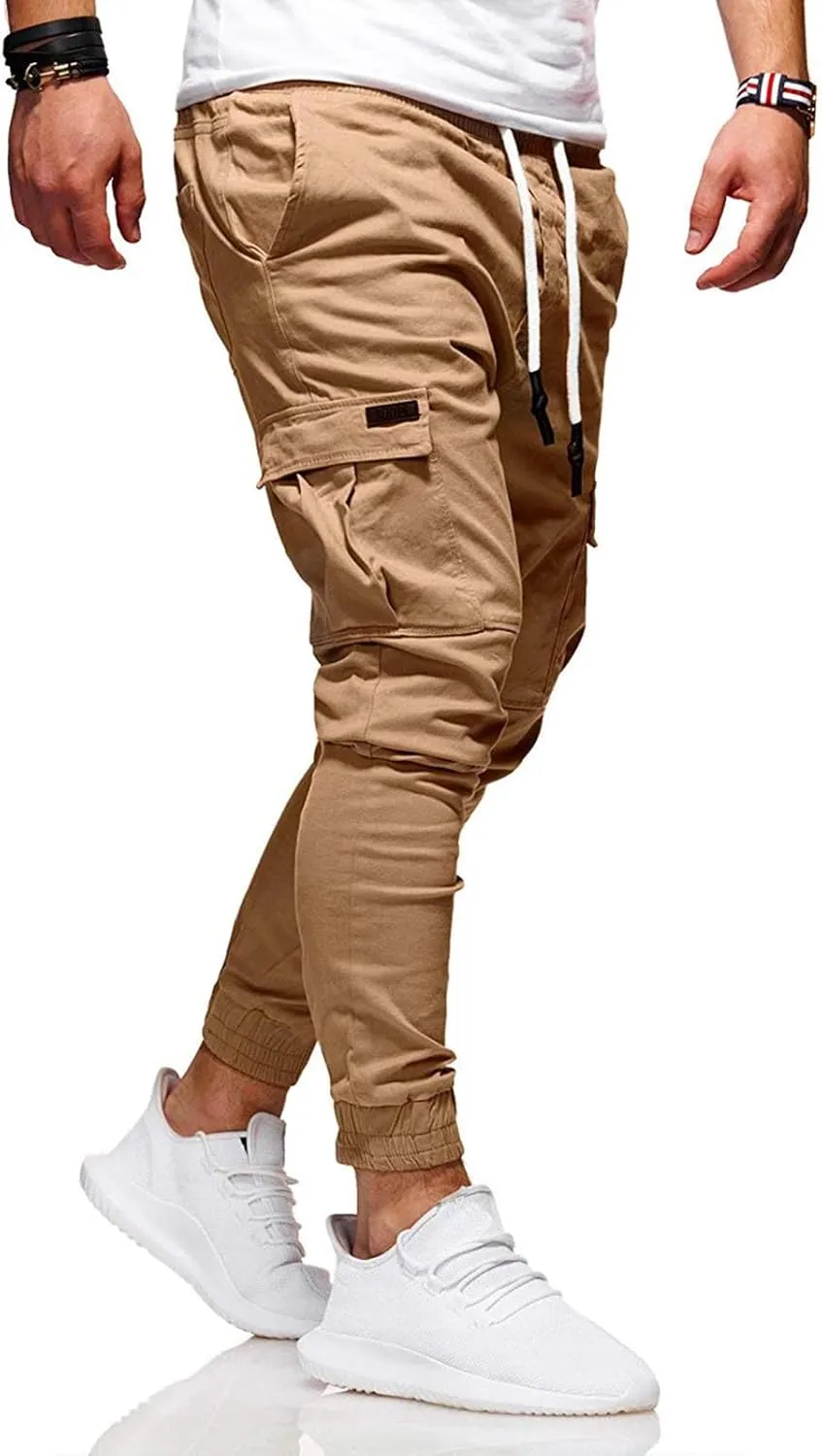 Mmoneyake Mens Cargo Pants Workout Athletic Hiking Sweatpants Drawstring Joggers Pants Slim Fit Chino Pants Training Trousers