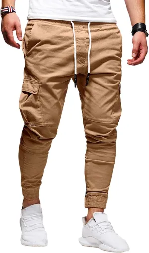 Mmoneyake Mens Cargo Pants Workout Athletic Hiking Sweatpants Drawstring Joggers Pants Slim Fit Chino Pants Training Trousers