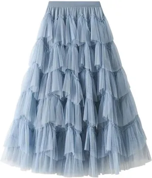 Mujer Women's Tulle Tutu Skirts Fairy Fluffy Ruffle Layered Midi Skirt High Waisted A Line Pleated Skirt Petticoat Falda de tul
