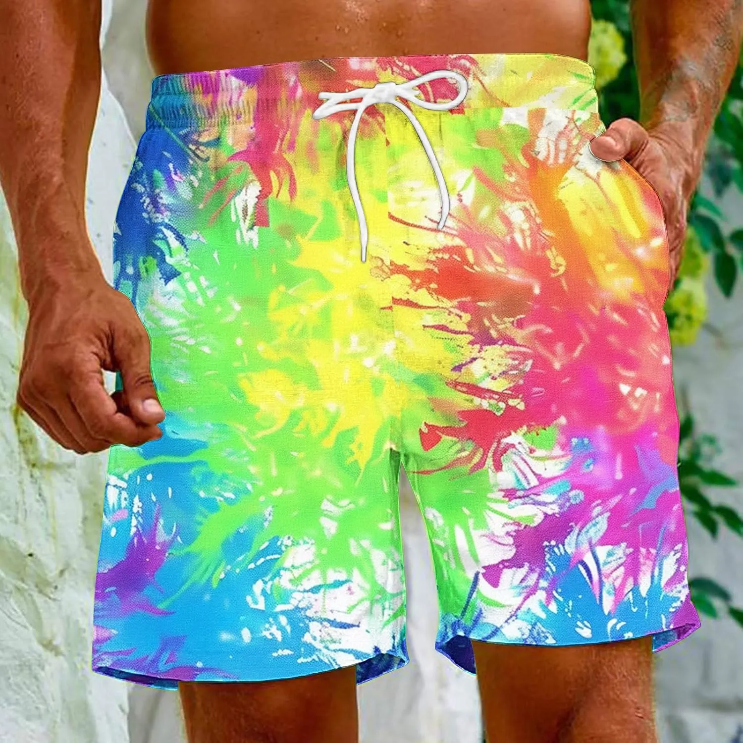 Muscularfit Beach Shorts for Men Fashion Tie Dye Print Shorts Summer Beach Vacation Drawstring Shorts with Pockets