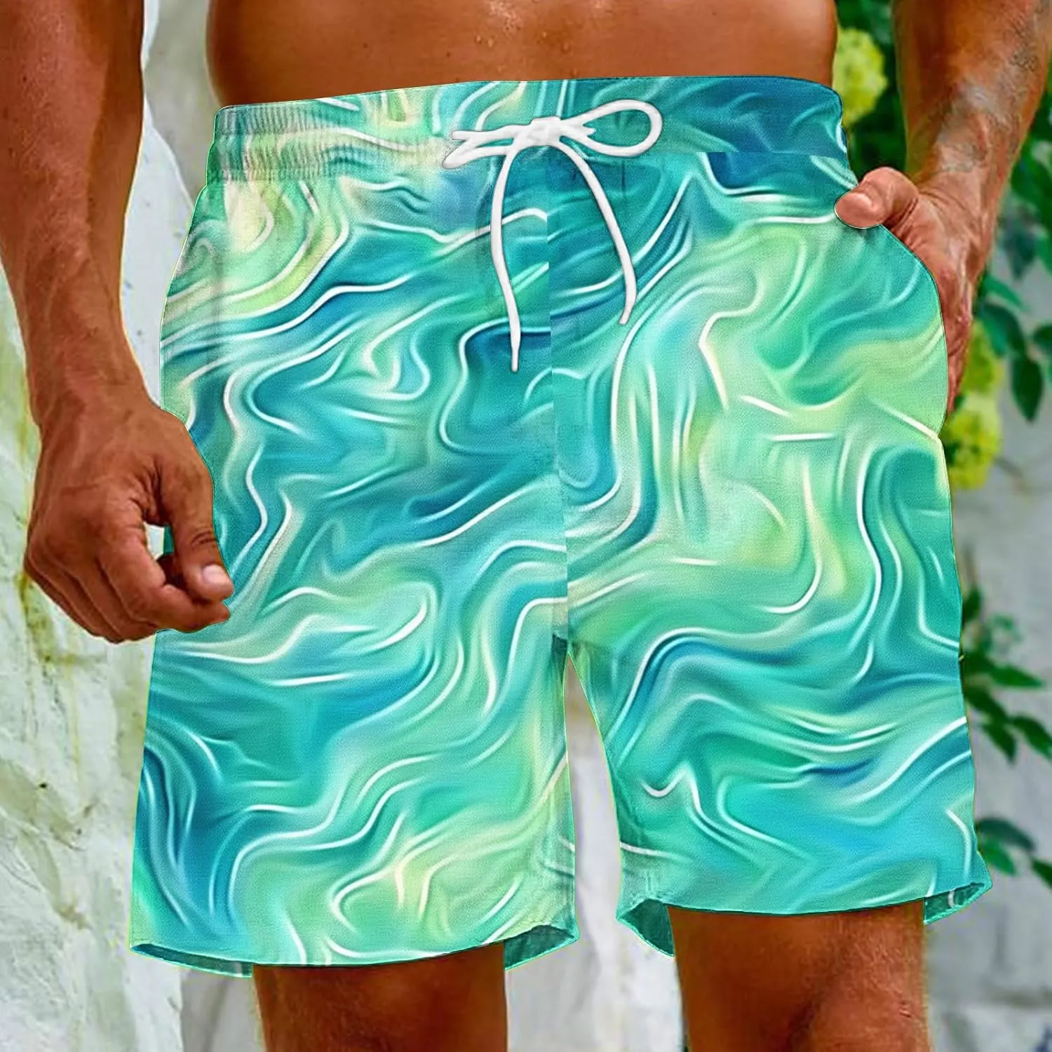 Muscularfit Beach Shorts for Men Fashion Tie Dye Print Shorts Summer Beach Vacation Drawstring Shorts with Pockets