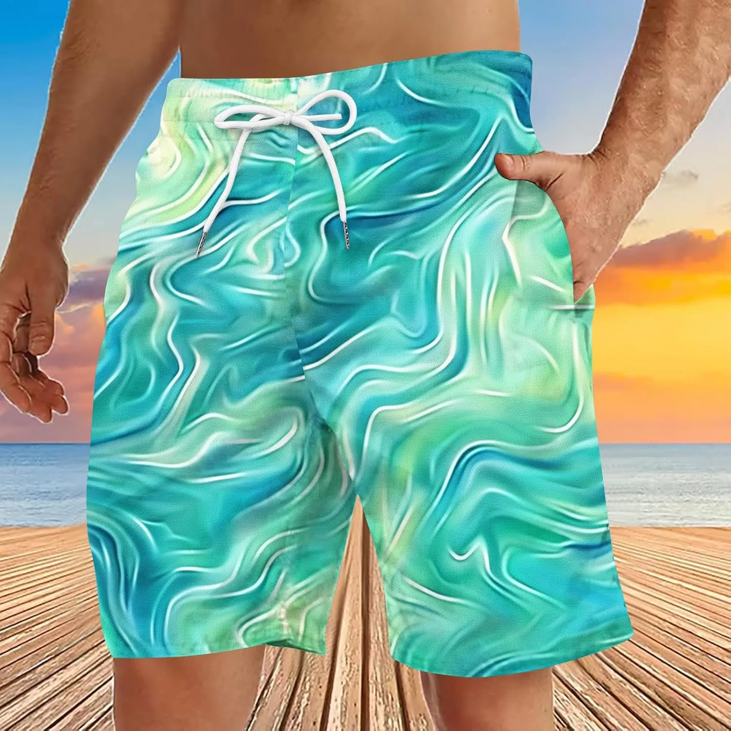 Muscularfit Beach Shorts for Men Fashion Tie Dye Print Shorts Summer Beach Vacation Drawstring Shorts with Pockets