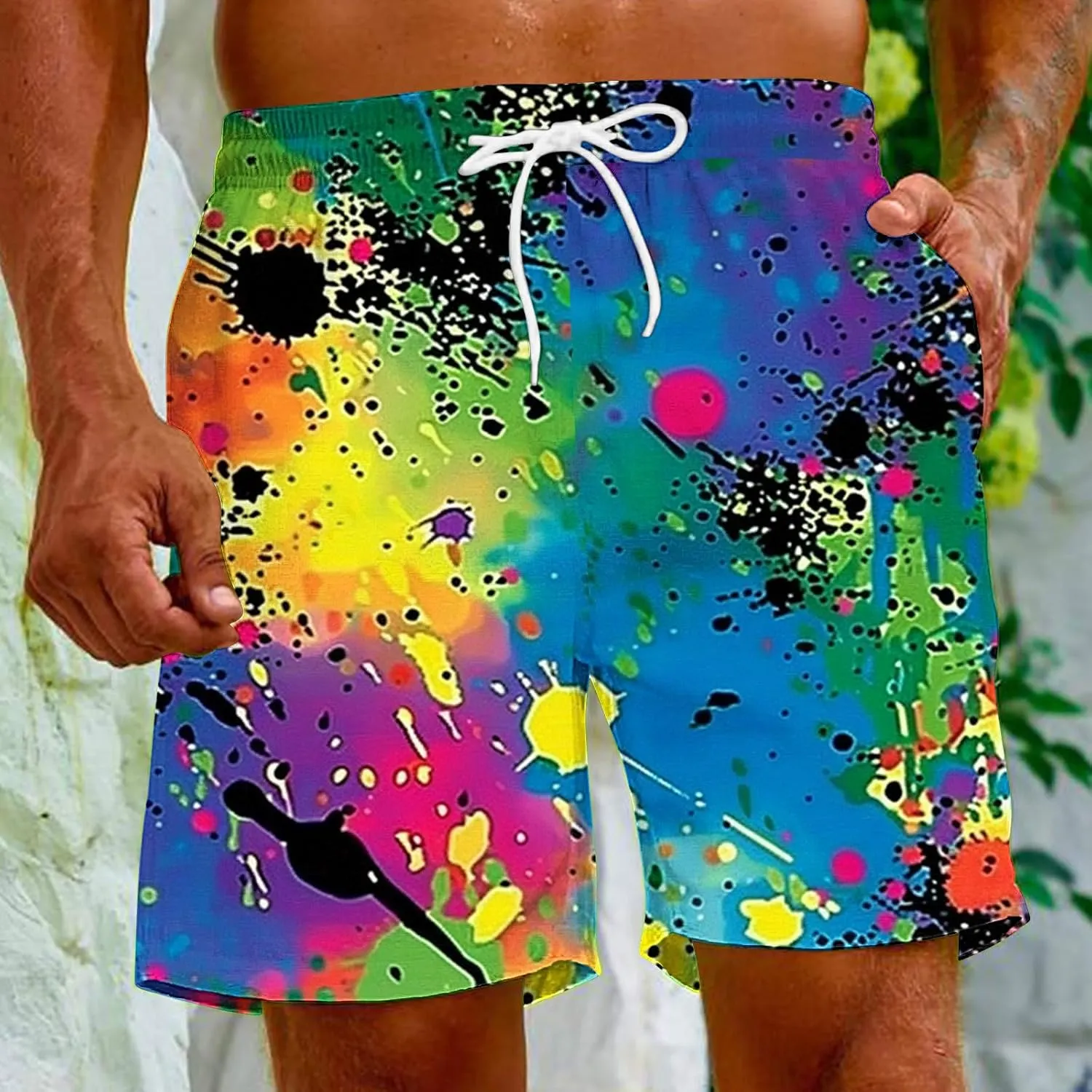 Muscularfit Beach Shorts for Men Fashion Tie Dye Print Shorts Summer Beach Vacation Drawstring Shorts with Pockets