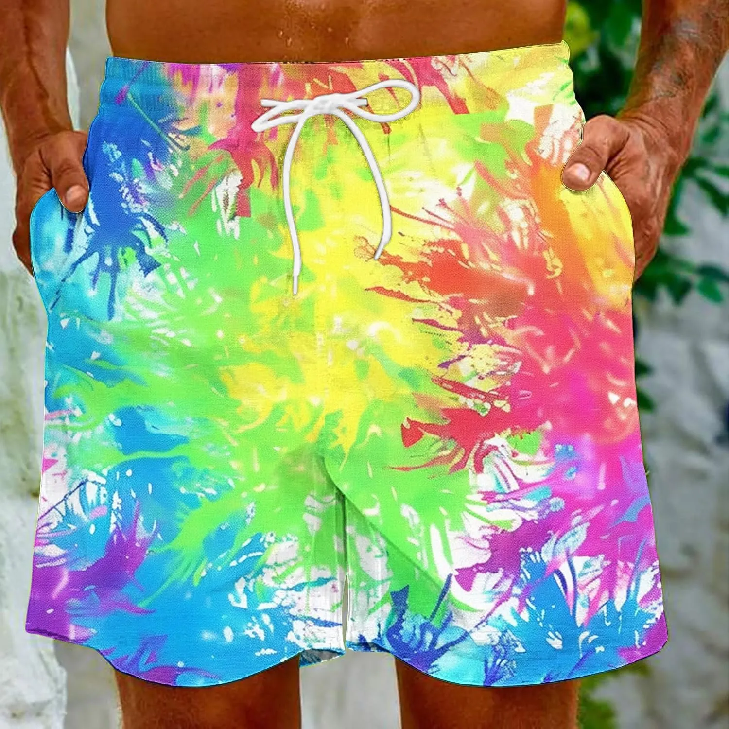 Muscularfit Beach Shorts for Men Fashion Tie Dye Print Shorts Summer Beach Vacation Drawstring Shorts with Pockets
