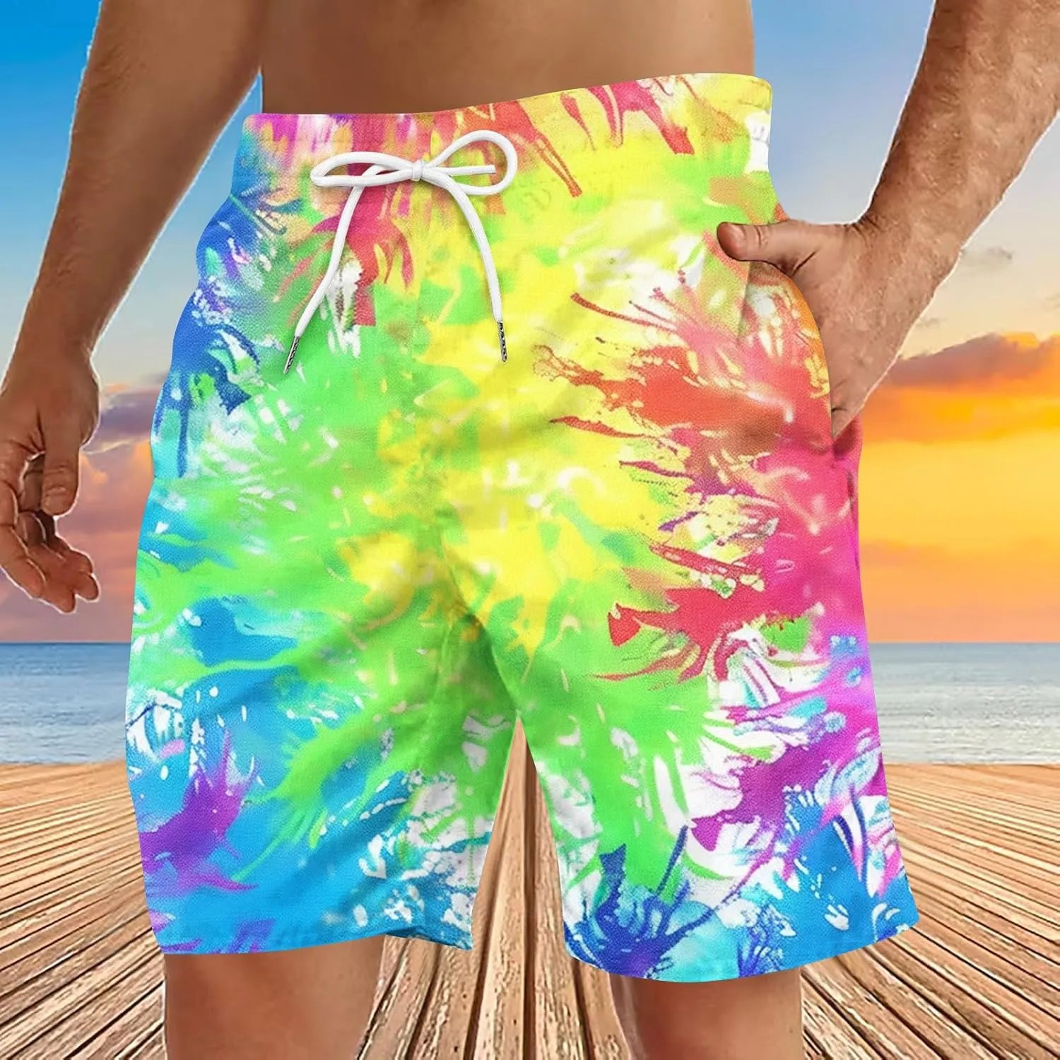 Muscularfit Beach Shorts for Men Fashion Tie Dye Print Shorts Summer Beach Vacation Drawstring Shorts with Pockets