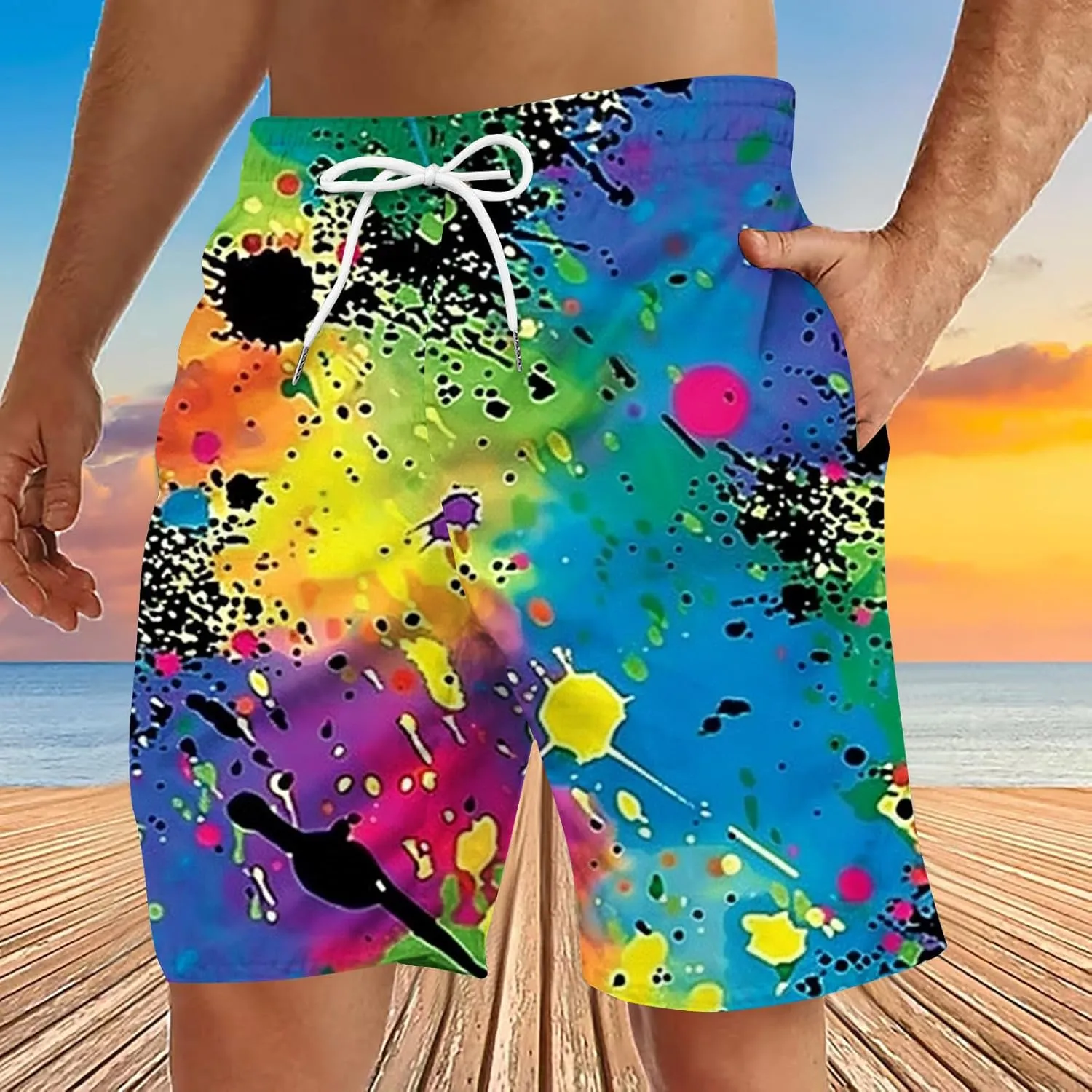 Muscularfit Beach Shorts for Men Fashion Tie Dye Print Shorts Summer Beach Vacation Drawstring Shorts with Pockets