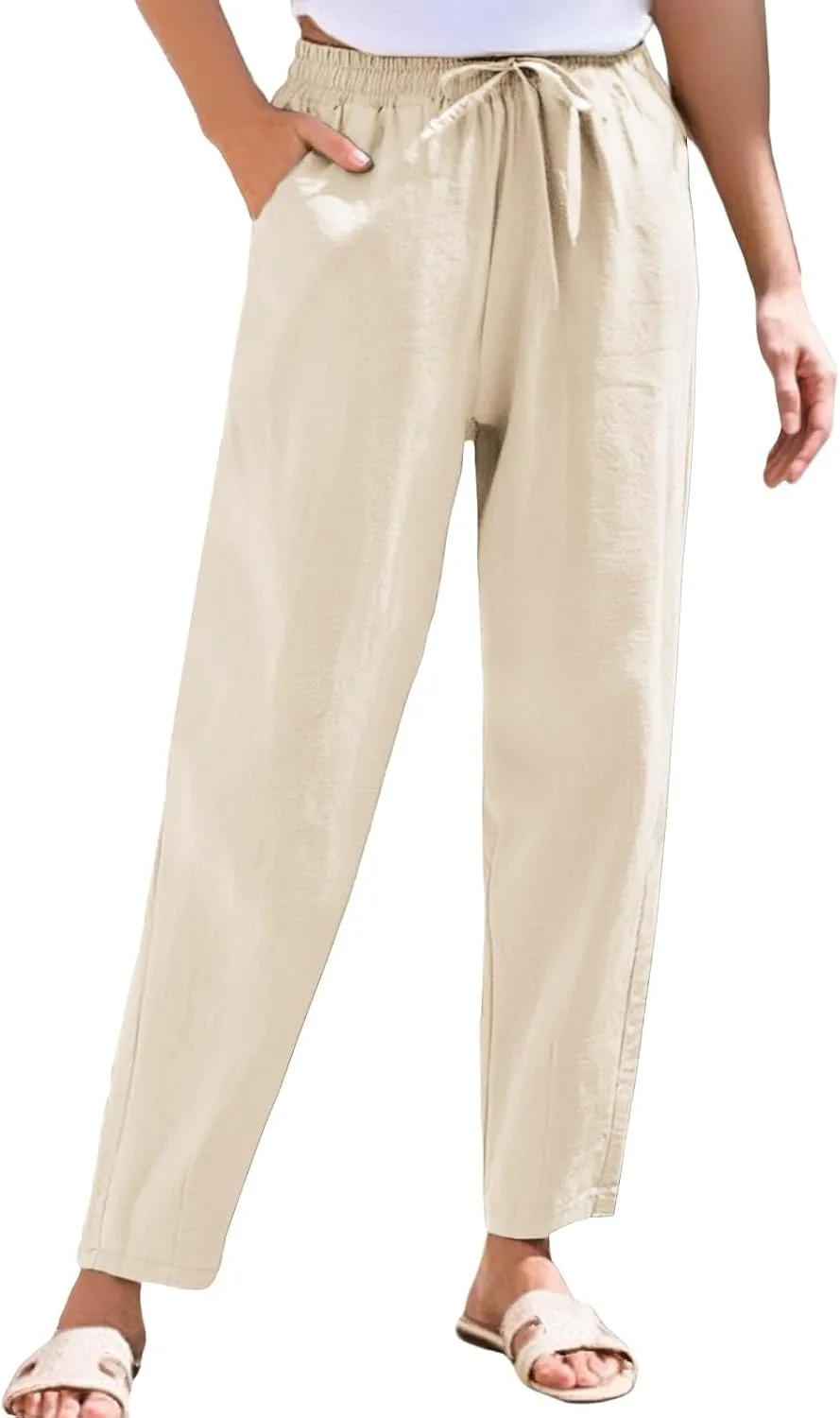 NBXNZWF Women's Cotton Linen Straight Leg Pants Elastic Drawstring Casual Trousers Summer Beach Lounge Pants with Pockets