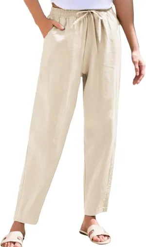 NBXNZWF Women's Cotton Linen Straight Leg Pants Elastic Drawstring Casual Trousers Summer Beach Lounge Pants with Pockets