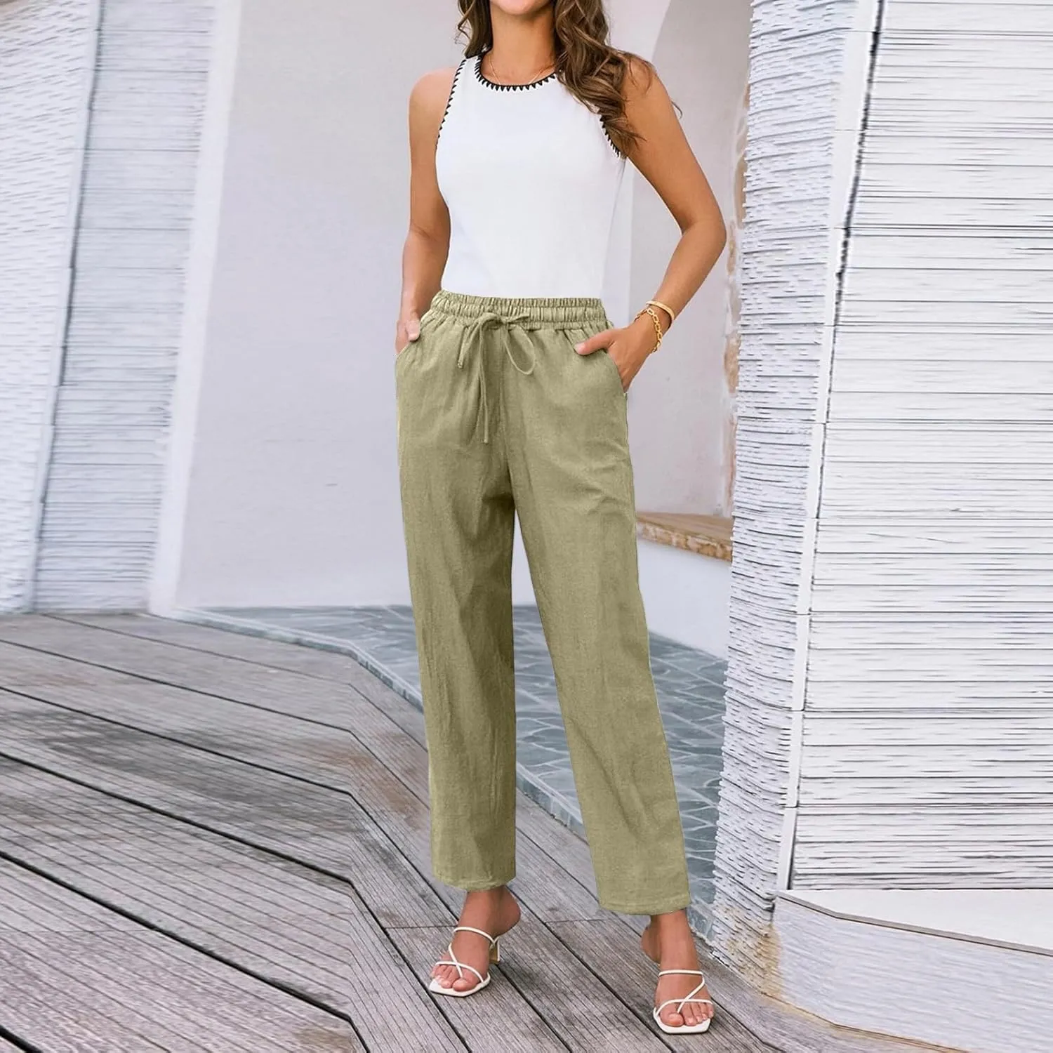 NBXNZWF Women's Cotton Linen Straight Leg Pants Elastic Drawstring Casual Trousers Summer Beach Lounge Pants with Pockets