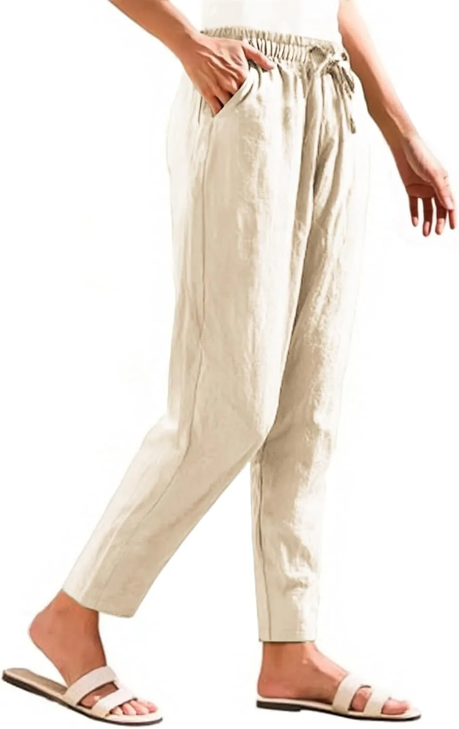 NBXNZWF Women's Cotton Linen Straight Leg Pants Elastic Drawstring Casual Trousers Summer Beach Lounge Pants with Pockets