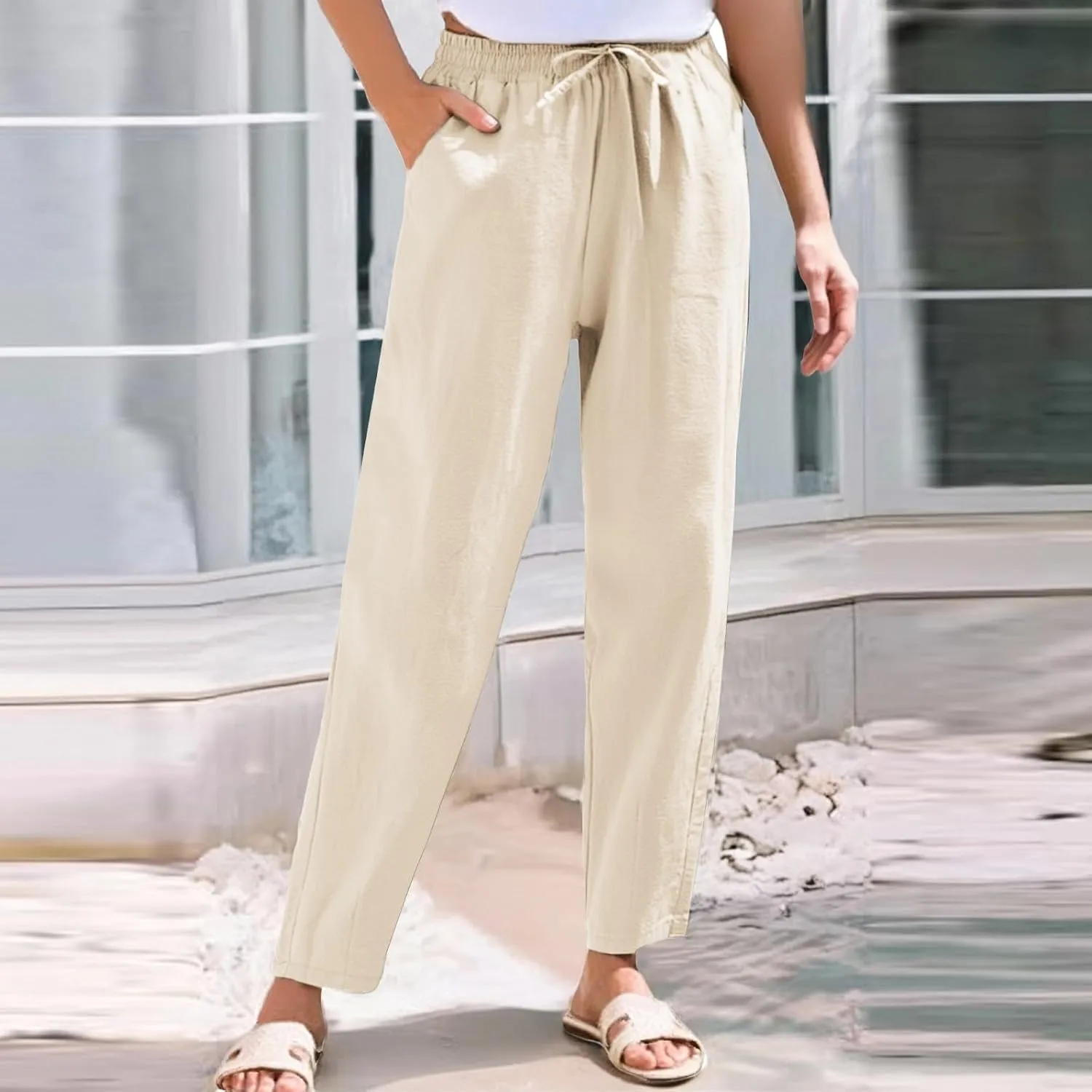 NBXNZWF Women's Cotton Linen Straight Leg Pants Elastic Drawstring Casual Trousers Summer Beach Lounge Pants with Pockets