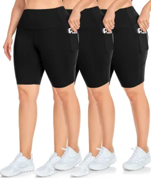 NEW YOUNG 3 Pack Plus Size Biker Shorts with Pockets for Women-High Waisted 8" Yoga Pants Workout Shorts