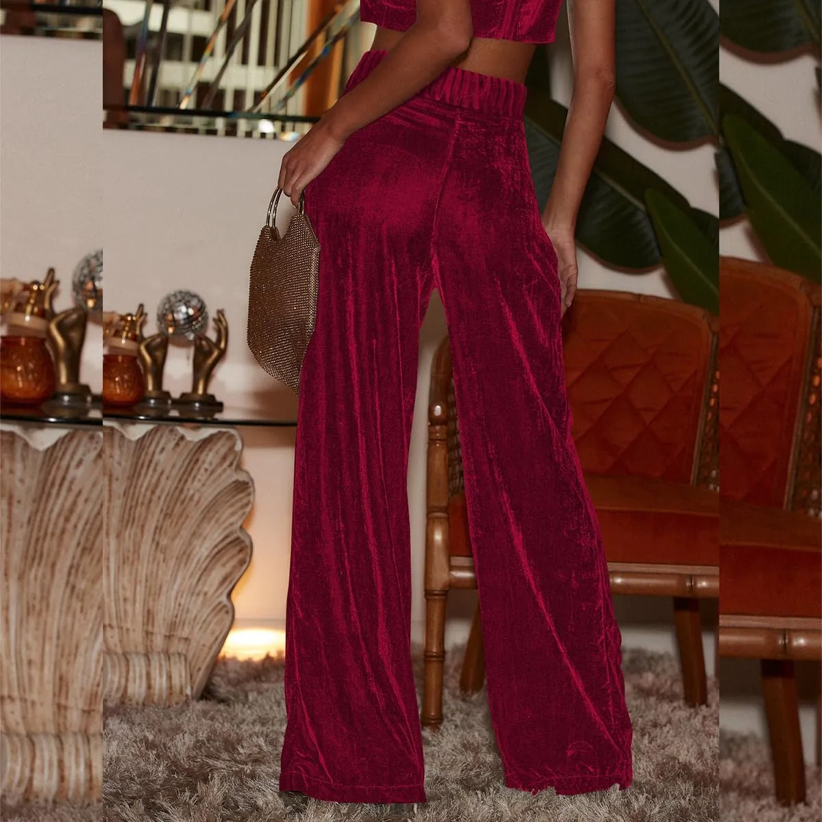 OBEEII Velvet Wide Leg Pants for Women High Waisted Pants Flowy Velvet Pants Casual Fall Winter Trousers with Pockets