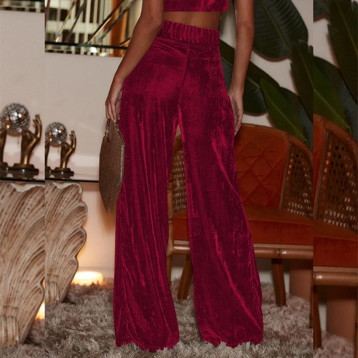 OBEEII Velvet Wide Leg Pants for Women High Waisted Pants Flowy Velvet Pants Casual Fall Winter Trousers with Pockets
