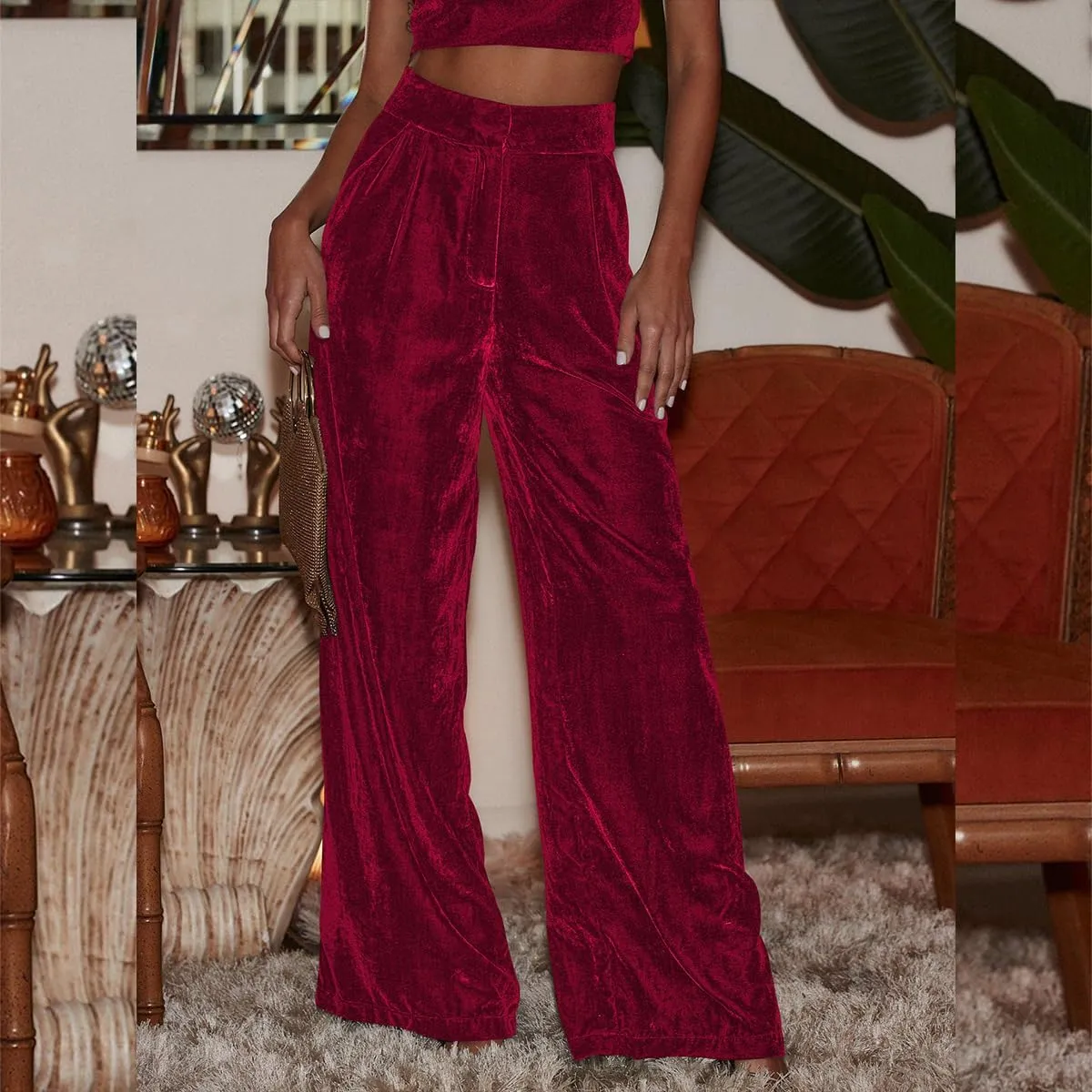 OBEEII Velvet Wide Leg Pants for Women High Waisted Pants Flowy Velvet Pants Casual Fall Winter Trousers with Pockets