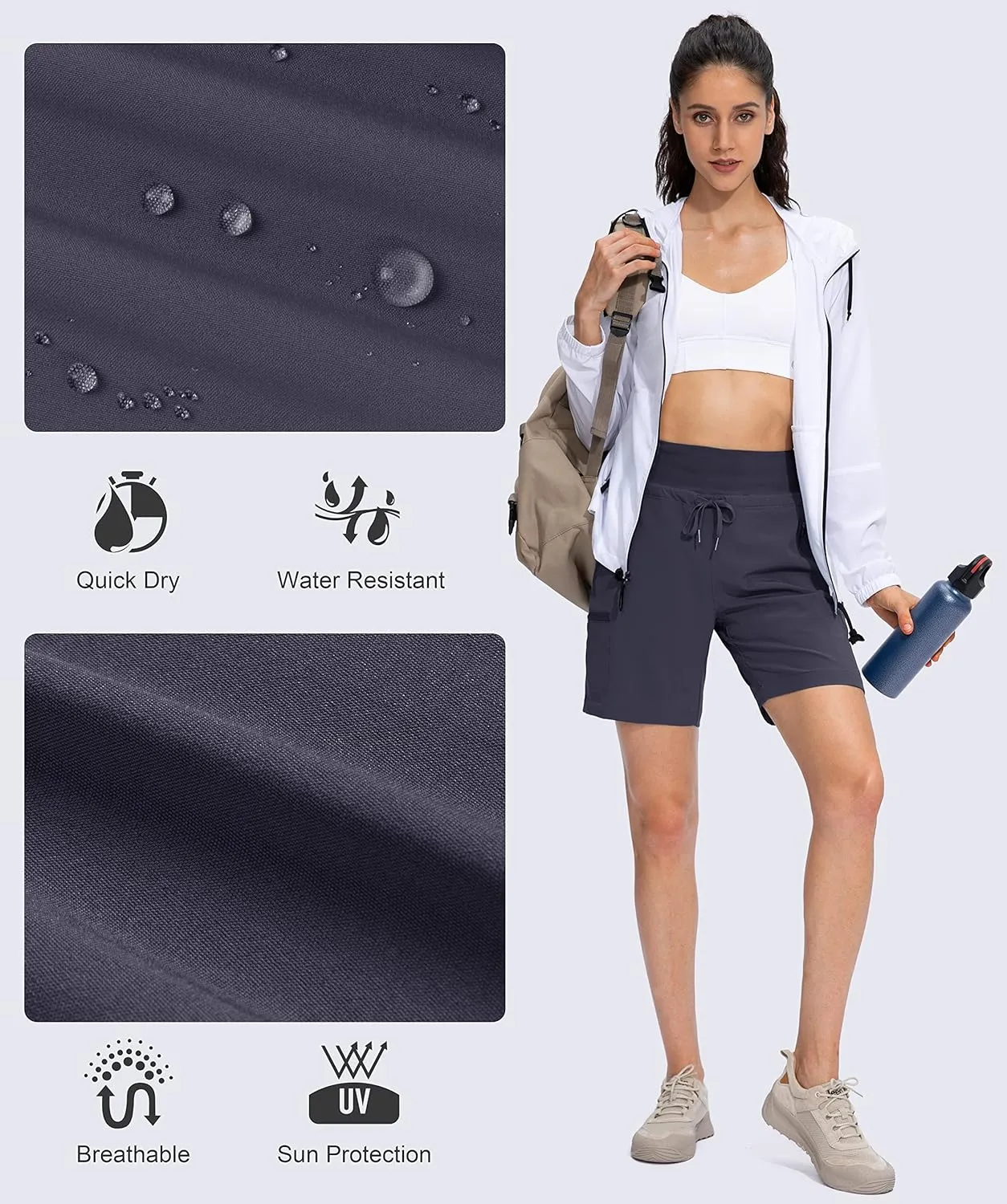 Obla Women's Hiking Cargo Shorts Zipper Pockets Soft High Waisted Quick Dry 7 Inch Long Shorts for Women Golf Athletic Summer