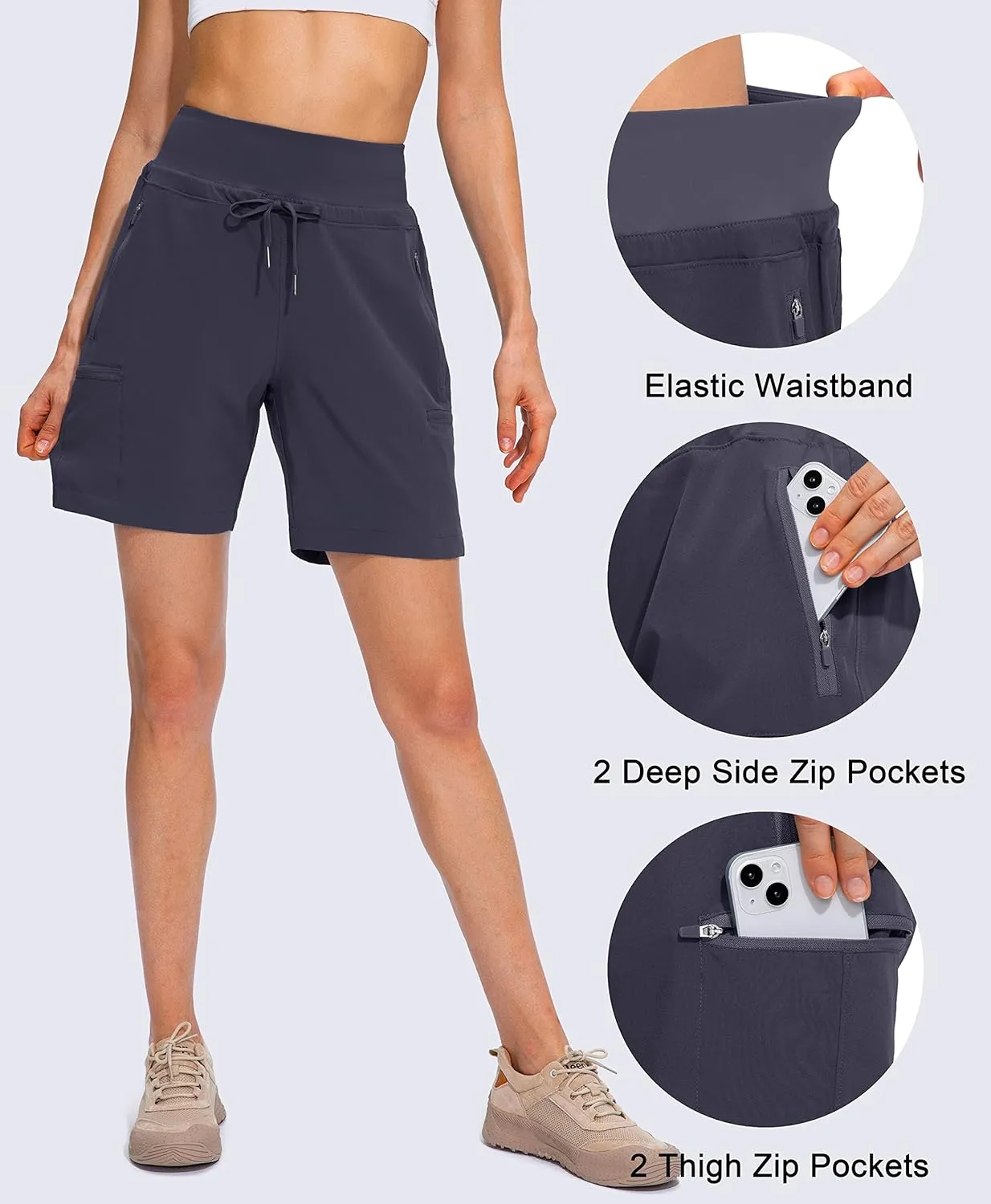Obla Women's Hiking Cargo Shorts Zipper Pockets Soft High Waisted Quick Dry 7 Inch Long Shorts for Women Golf Athletic Summer