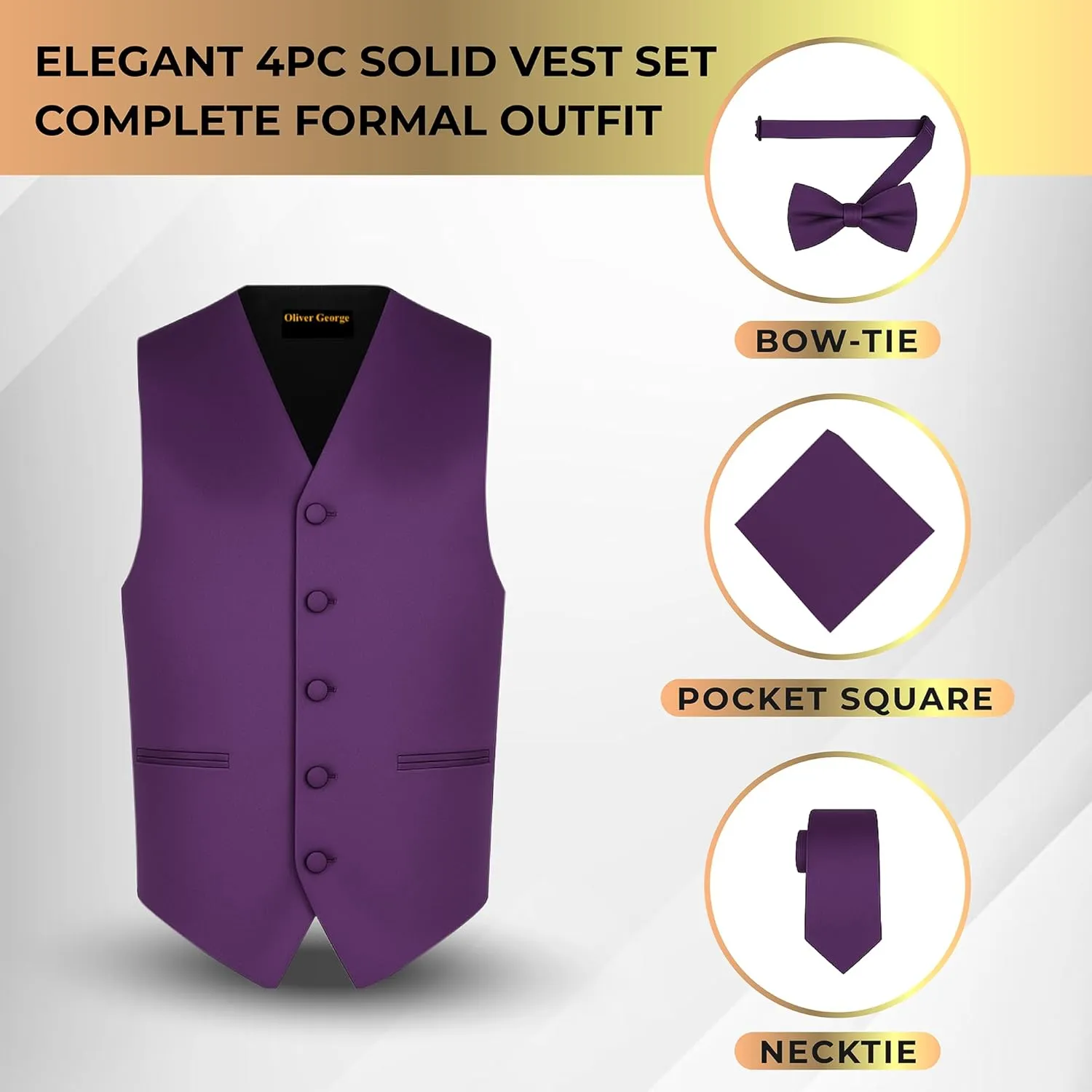 Oliver George 4pc Men's Solid Formal Waistcoat Tuxedo Dress Vest Necktie BowTie Handkerchief Set For Suit or Tuxedo