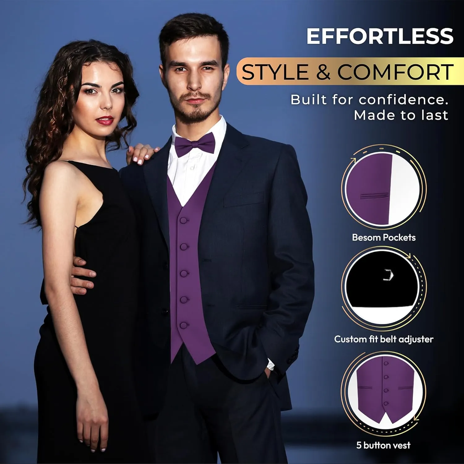 Oliver George 4pc Men's Solid Formal Waistcoat Tuxedo Dress Vest Necktie BowTie Handkerchief Set For Suit or Tuxedo