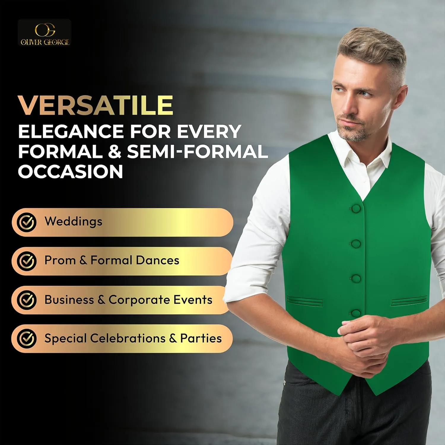 Oliver George 4pc Men's Solid Formal Waistcoat Tuxedo Dress Vest Necktie BowTie Handkerchief Set For Suit or Tuxedo