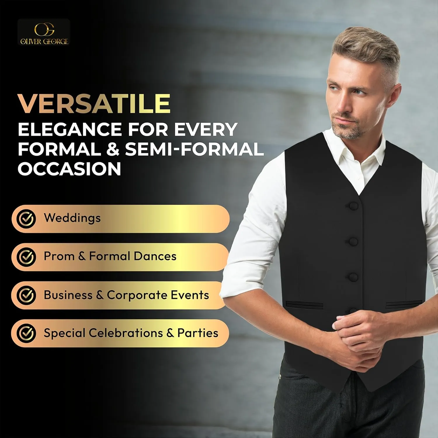 Oliver George 4pc Men's Solid Formal Waistcoat Tuxedo Dress Vest Necktie BowTie Handkerchief Set For Suit or Tuxedo