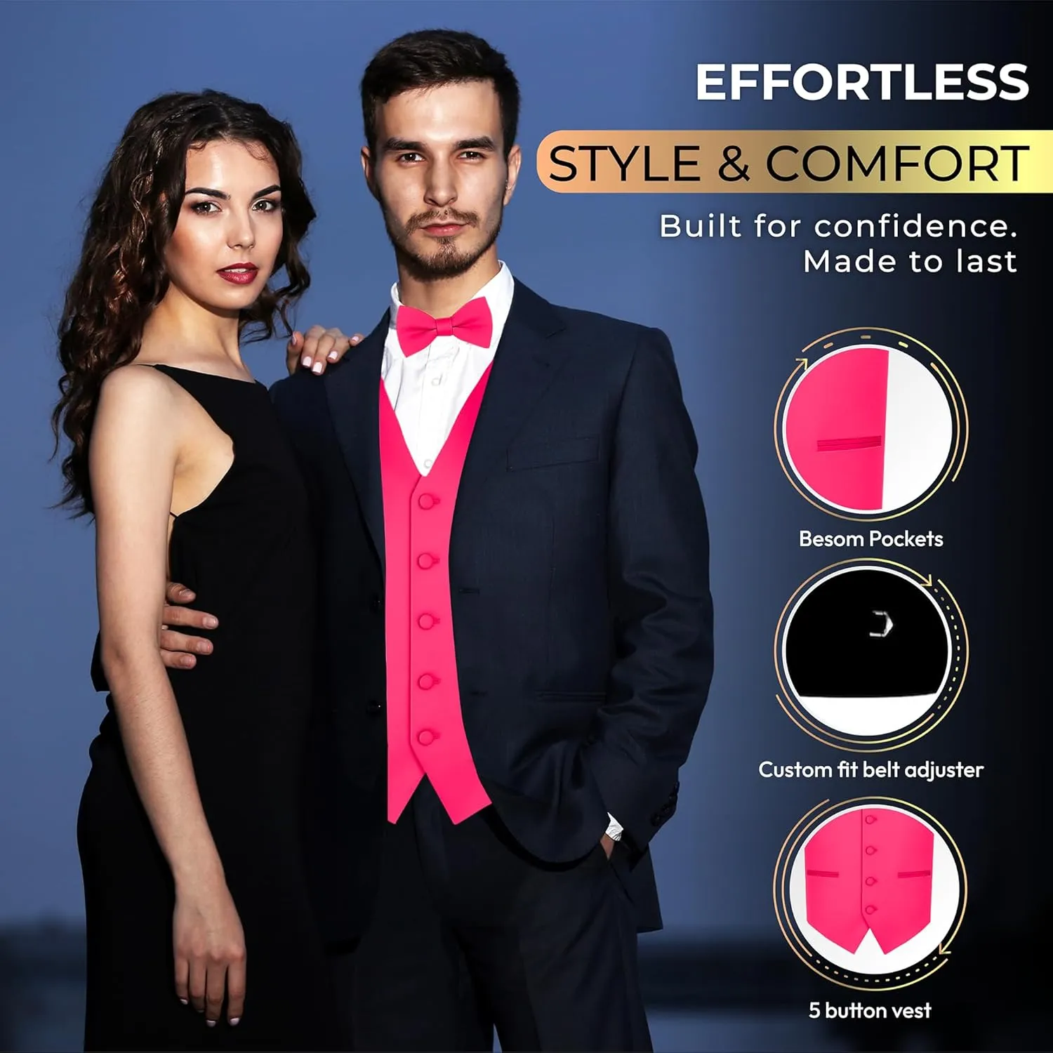 Oliver George 4pc Men's Solid Formal Waistcoat Tuxedo Dress Vest Necktie BowTie Handkerchief Set For Suit or Tuxedo