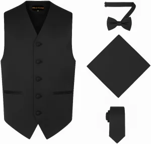 Oliver George 4pc Men's Solid Formal Waistcoat Tuxedo Dress Vest Necktie BowTie Handkerchief Set For Suit or Tuxedo